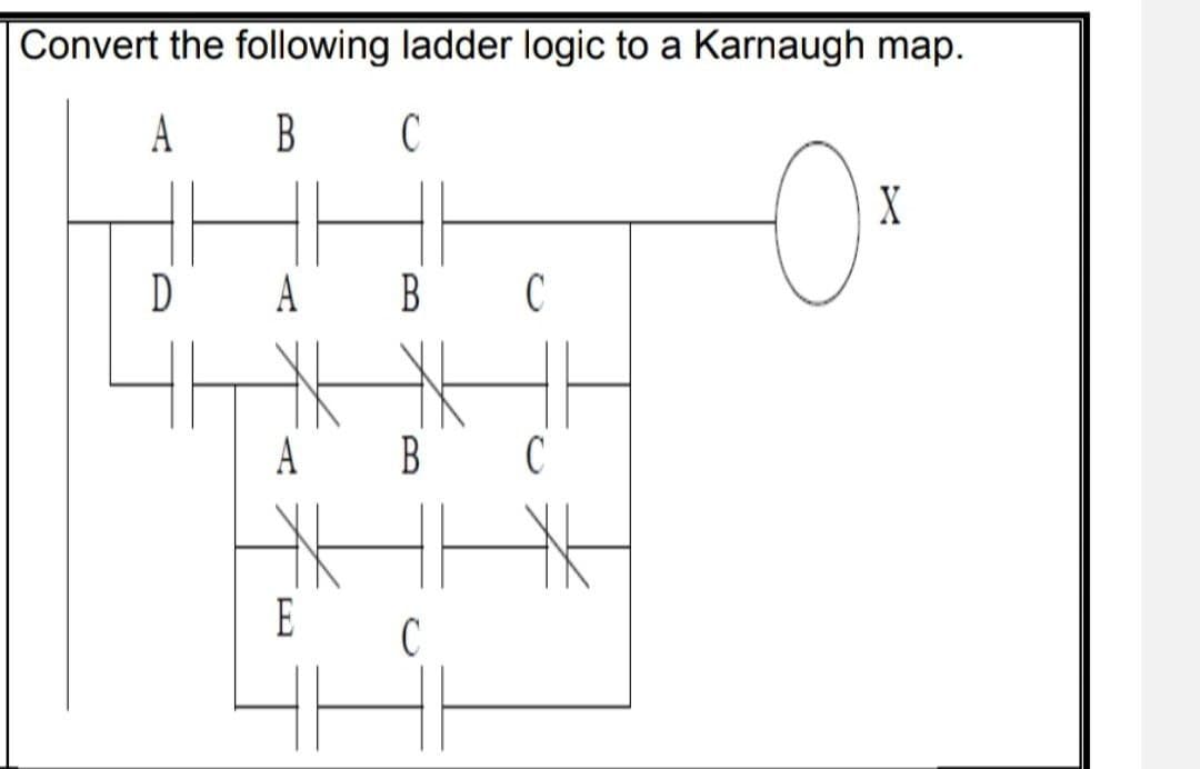 Convert the following ladder logic to a Karnaugh map.
A
B
C
X
D
A
B C
B
C
E
A.

