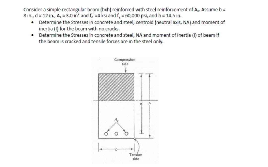 Consider a simple rectangular beam (bxh) reinforced with steel reinforcement of A.. Assume b =
8 in., d = 12 in., A, = 3.0 in? and f. =4 ksi and f, = 60,000 psi, and h = 14.5 in.
• Determine the Stresses in concrete and steel, centroid (neutral axis, NA) and moment of
inertia (1) for the beam with no cracks.
• Determine the Stresses in concrete and steel, NA and moment of inertia (1) of beam if
the beam is cracked and tensile forces are in the steel only.
Compression
side
P.
Tension
side
