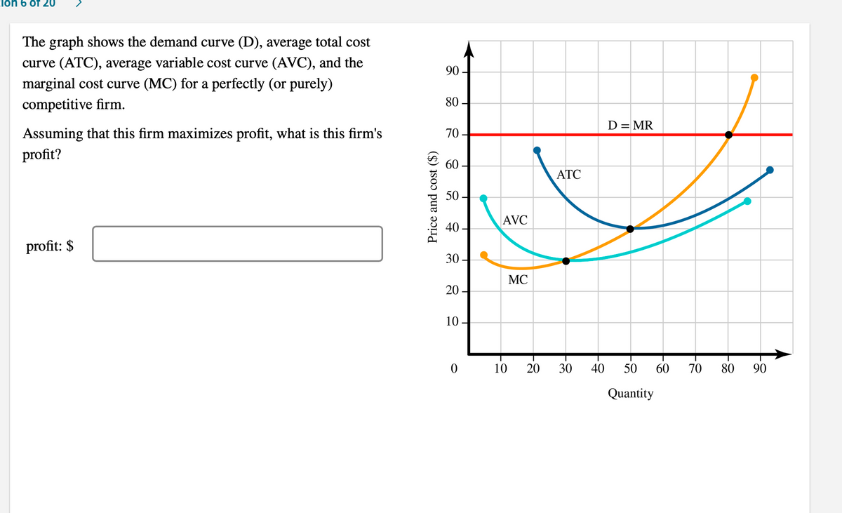 Cióń 6 óf 20
The graph shows the demand curve (D), average total cost
curve (ATC), average variable cost curve (AVC), and the
90
marginal cost curve (MC) for a perfectly (or purely)
competitive firm.
80
D = MR
Assuming that this firm maximizes profit, what is this firm's
70
profit?
60
ATC
50
AVC
ğ 40 -
profit: $
30
MC
10
0 10
20
30
40
50
60
70
80
90
Quantity
Price and cost ($)
20
