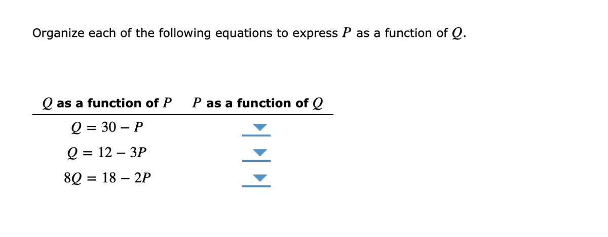 Organize each of the following equations to express P as a function of Q.
Q as a function of P
P as a function of Q
О%3D 30 — Р
О%3D 12 — ЗР
80 3 18 — 2Р
