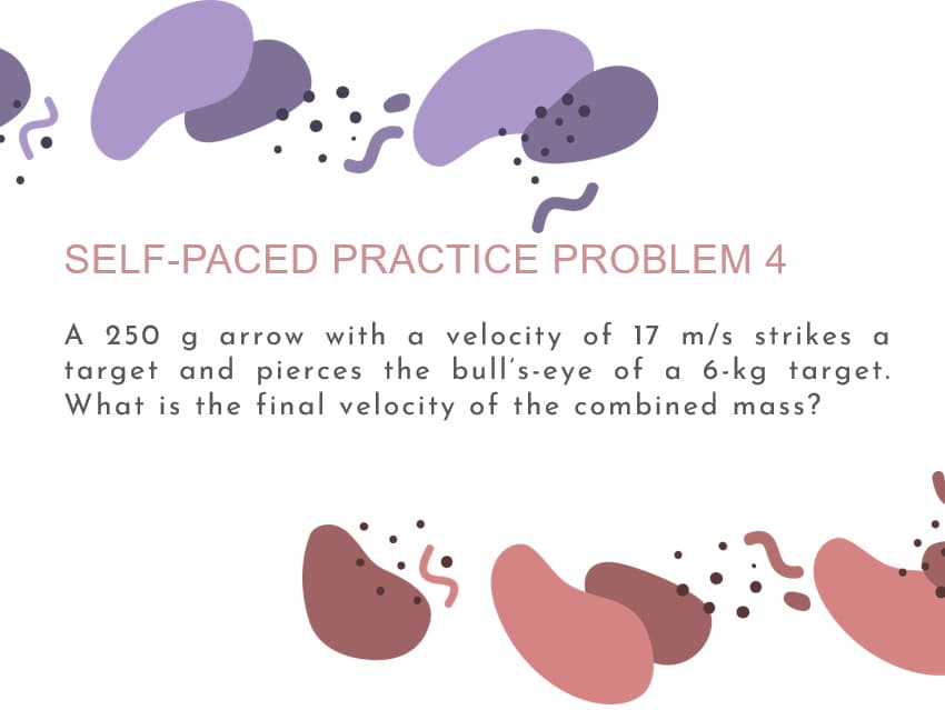 SELF-PACED PRACTICE PROBLEM 4
A 250 g arrow with a velocity of 17 m/s strikes a
target and pierces the bull's-eye of a 6-kg target.
What is the final velocity of the combined mass?