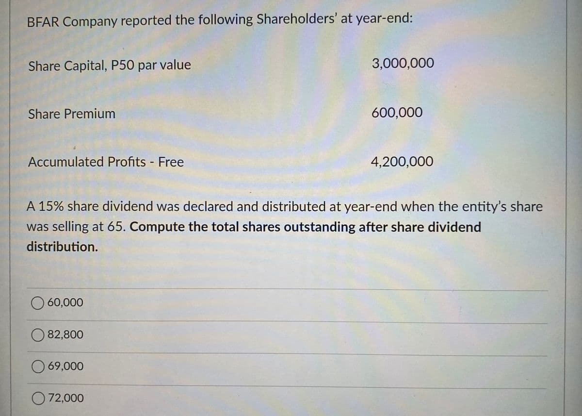 BFAR Company reported the following Shareholders' at year-end:
Share Capital, P50 par value
Share Premium
Accumulated Profits - Free
3,000,000
O 60,000
O 82,800
O 69,000
O 72,000
600,000
4,200,000
A 15% share dividend was declared and distributed at year-end when the entity's share
was selling at 65. Compute the total shares outstanding after share dividend
distribution.