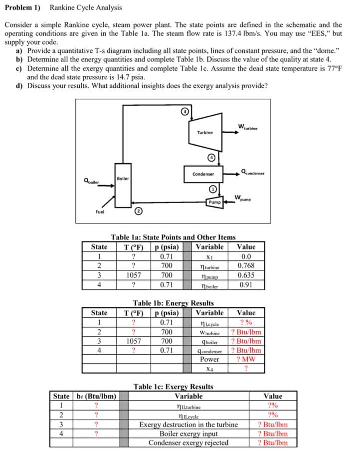 Problem 1) Rankine Cycle Analysis
Consider a simple Rankine cycle, steam power plant. The state points are defined in the schematic and the
operating conditions are given in the Table la. The steam flow rate is 137.4 lbm/s. You may use "EES," but
supply your code.
a) Provide a quantitative T-s diagram including all state points, lines of constant pressure, and the "dome."
b) Determine all the energy quantities and complete Table 1b. Discuss the value of the quality at state 4.
c) Determine all the exergy quantities and complete Table 1c. Assume the dead state temperature is 77°F
and the dead state pressure is 14.7 psia.
d) Discuss your results. What additional insights does the exergy analysis provide?
3
Quoiler
4
Fuel
State
1
2
3
4
State
1
2
3
4
State br (Btu/lbm)
1
?
2
?
Boiler
?
?
Table 1a: State Points and Other Items
T (°F) p (psia)
Variable
?
0.71
XI
?
700
turbine
1057
700
pump
?
0.71
boiler
T (°F) p (psia)
?
0.71
Turbine
?
1057
?
Condenser
Table 1b: Energy Results
700
700
0.71
W
Pump pump
Variable
nLeyele
Wturbine
qboiler
condenser
Power
X4
Table 1c: Exergy Results
Variable
nII.turbine
nIL.cycle
W,
turbine
Qcondenser
Value
0.0
0.768
0.635
0.91
Value
?%
Exergy destruction in the turbine
Boiler exergy input
Condenser exergy rejected
? Btu/lbm
? Btu/lbm
? Btu/lbm
? MW
?
Value
?%
?%
? Btu/lbm
? Btu/lbm
? Btu/lbm