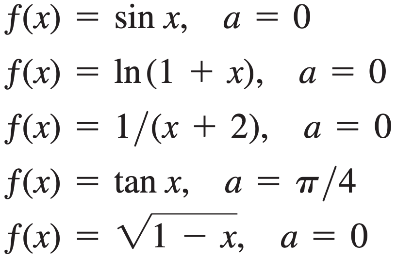 f(x)
sin x,
a = 0
f(x) — In (1 + х), а —D 0
f(x) 3D 1/(х + 2), а %3
а %3D п/4
f(x) — V1 — х, а 3 0
f(x) = tan x,
а
TT
a = 0
