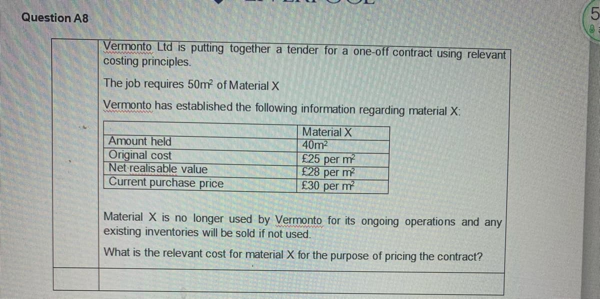 Question A8
Vermonto Ltd is putting together a tender for a one-off contract using relevant
costing principles.
The job requires 50m? of Material X
Vermonto has established the following information regarding material X:
wwww w
Amount held
Original cost
Net realisable value
Current purchase price
Material X
40m2
£25 per m
£28 per m?
£30 per m
Material X is no longer used by Vermonto for its ongoing operations and any
existing inventories will be sold if not used.
What is the relevant cost for material X for the purpose of pricing the contract?

