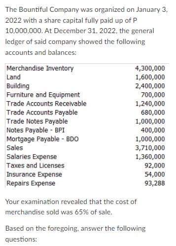 The Bountiful Company was organized on January 3,
2022 with a share capital fully paid up of P
10,000,000. At December 31, 2022, the general
ledger of said company showed the following
accounts and balances:
Merchandise Inventory
4,300,000
1,600,000
2,400,000
Land
Building
Furniture and Equipment
Trade Accounts Receivable
700,000
1,240,000
Trade Accounts Payable
Trade Notes Payable
Notes Payable - BPI
Mortgage Payable - BDO
Sales
680,000
1,000,000
400,000
1,000,000
3,710,000
1,360,000
92,000
54,000
93,288
Salaries Expense
Taxes and Licenses
Insurance Expense
Repairs Expense
Your examination revealed that the cost of
merchandise sold was 65% of sale.
Based on the foregoing, answer the following
questions:
