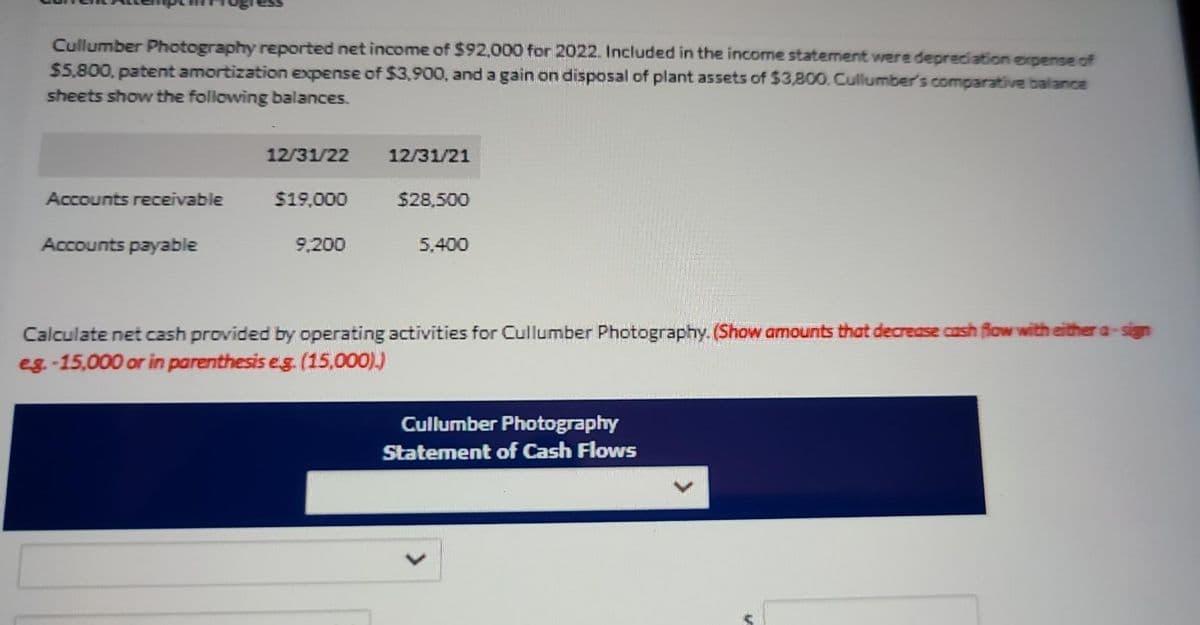 Cullumber Photography reported net income of $92,000 for 2022. Included in the income statement were depreciation expense of
$5,800, patent amortization expense of $3,900, and a gain on disposal of plant assets of $3,800. Cullumber's comparative balance
sheets show the following balances.
12/31/22
12/31/21
Accounts receivable
$19,000
$28,500
Accounts payable
9,200
5,400
Calculate net cash provided by operating activities for Cullumber Photography. (Show amounts that decrease cash flow with either a-sign
eg.-15,000 or in parenthesis eg. (15,000).)
Cullumber Photography
Statement of Cash Flows