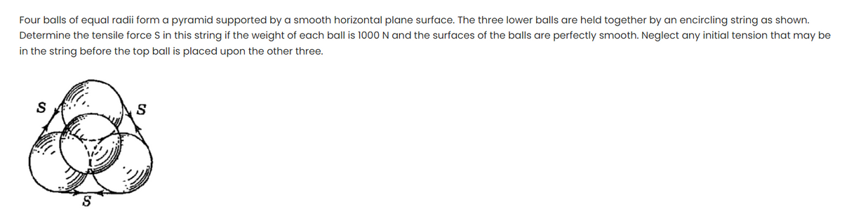 Four balls of equal radii form a pyramid supported by a smooth horizontal plane surface. The three lower balls are held together by an encircling string as shown.
Determine the tensile force S in this string if the weight of each ball is 1000 N and the surfaces of the balls are perfectly smooth. Neglect any initial tension that may be
in the string before the top ball is placed upon the other three.
S
S
S