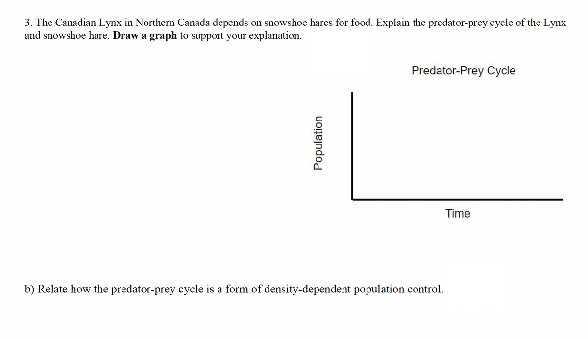 3. The Canadian Lynx in Northern Canada depends on snowshoe hares for food. Explain the predator-prey cycle of the Lynx
and snowshoe hare. Draw a graph to support your explanation.
Population
Predator-Prey Cycle
b) Relate how the predator-prey cycle is a form of density-dependent population control.
Time