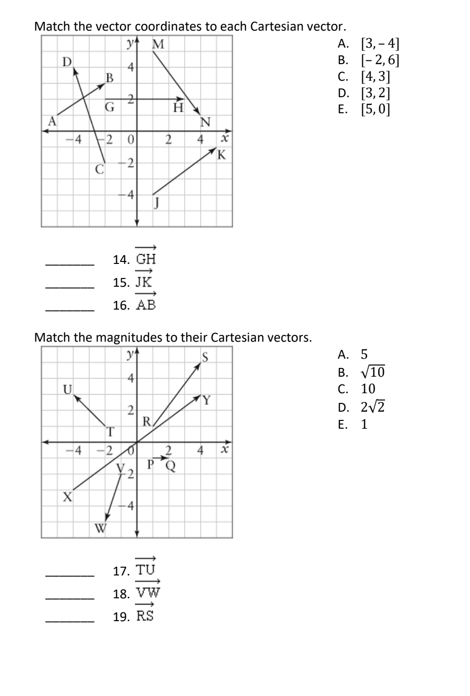 Match the vector coordinates to each Cartesian vector.
y M
4
A
D
U
B
-4 2 0
2
X
G
4
C
2
-4
W
14. GH
15. JK
16. AB
Match the magnitudes to their Cartesian vectors.
y
S
4
2
-2 0
2
-4
17.
18.
R
P
121122
Ĥ
19. RS
N
2 4
Y
x
4
K
x
A.
[3,-4]
B.
[-2, 6]
C.
[4,3]
D. [3,2]
E. [5,0]
A. 5
B. √10
C. 10
D. 2√2
E. 1