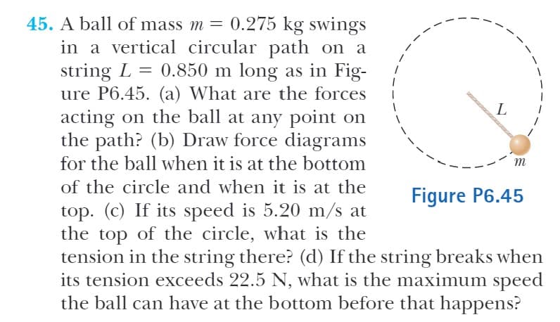 0.275 kg swings
in a vertical circular path on a
= 0.850 m long as in Fig-
ure P6.45. (a) What are the forces
acting on the ball at any point on
the path? (b) Draw force diagrams
for the ball when it is at the bottom
45. A ball of mass m =
string L
L
m
of the circle and when it is at the
Figure P6.45
top. (c) If its speed is 5.20 m/s at
the top of the circle, what is the
tension in the string there? (d) If the string breaks when
its tension exceeds 22.5 N, what is the maximum speed
the ball can have at the bottom before that happens?
