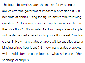 The figure below illustrates the market for Washington
apples after the government imposes a price floor of $20
per crate of apples. Using the figure, answer the following
questions. 1 - How many crates of apples were sold before
the price floor? million crates 2 - How many crates of apples
will be demanded after a binding price floor is set ? million
crates 3 - How many crates of apple will be supplied after a
binding prince floor is set ? 4 -how many crates of apples
will be sold after the price floor? 6 - what is the size of the
shortage or surplus ?