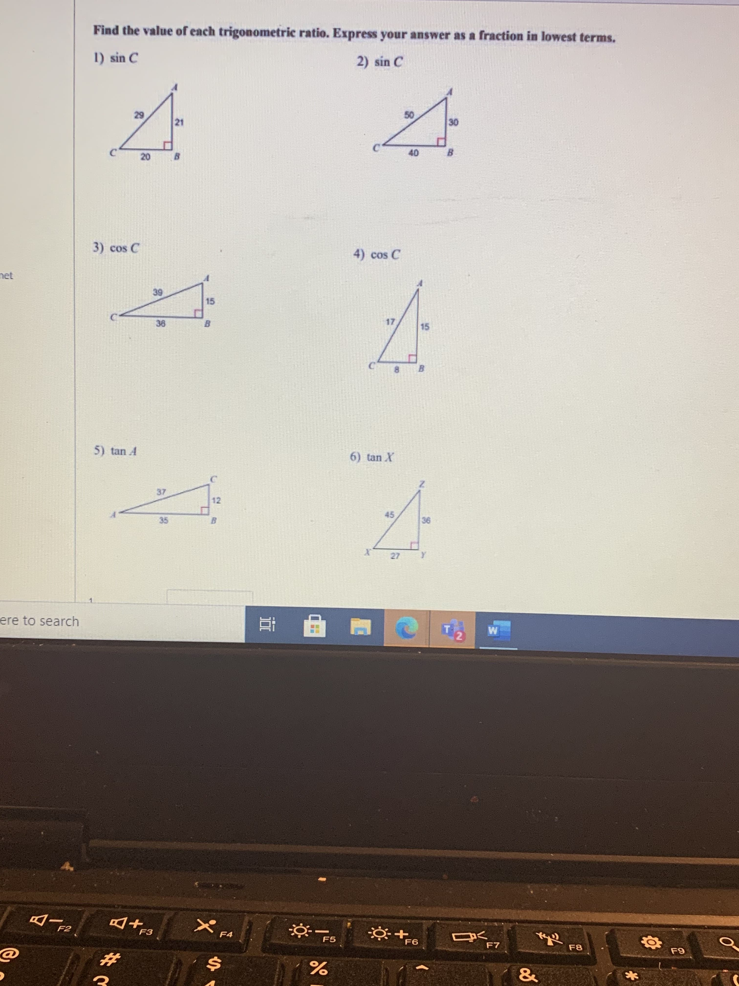 Find the value of each trigonometric ratio. Express your answer as a fraction in lowest terms.
1) sin C
2) sin C
29
50
30
40
20
3) cos C
4) cos C
39
15
17
15
B
B.
00
21
