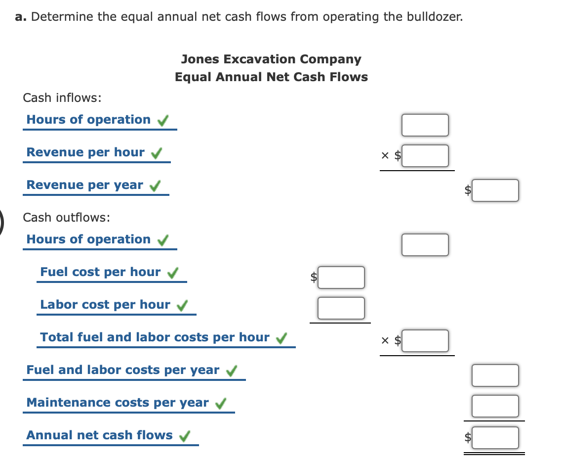 a. Determine the equal annual net cash flows from operating the bulldozer.
Jones Excavation Company
Equal Annual Net Cash Flows
Cash inflows:
Hours of operation
Revenue per hour V
Revenue per year
Cash outflows:
Hours of operation
Fuel cost per hour
Labor cost per hour
Total fuel and labor costs per hour
Fuel and labor costs per year
Maintenance costs per year
Annual net cash flows v
$
