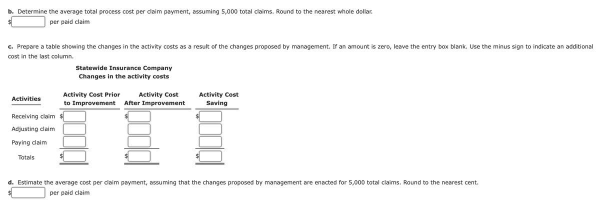 b. Determine the average total process cost per claim payment, assuming 5,000 total claims. Round to the nearest whole dollar.
$4
per paid claim
c. Prepare a table showing the changes in the activity costs as a result of the changes proposed by management. If an amount is zero, leave the entry box blank. Use the minus sign to indicate an additional
cost in the last column.
Statewide Insurance Company
Changes in the activity costs
Activity Cost
After Improvement
Activity Cost
Saving
Activity Cost Prior
Activities
to Improvement
Receiving claim $
Adjusting claim
Paying claim
Totals
d. Estimate the average cost per claim payment, assuming that the changes proposed by management are enacted for 5,000 total claims. Round to the nearest cent.
$4
per paid claim

