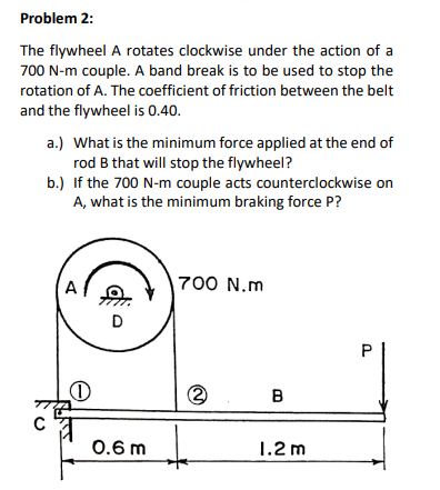Problem 2:
The flywheel A rotates clockwise under the action of a
700 N-m couple. A band break is to be used to stop the
rotation of A. The coefficient of friction between the belt
and the flywheel is 0.40.
a.) What is the minimum force applied at the end of
rod B that will stop the flywheel?
b.) If the 700 N-m couple acts counterclockwise on
A, what is the minimum braking force P?
A
700 N.m
D
B
0.6 m
1.2 m
P.
