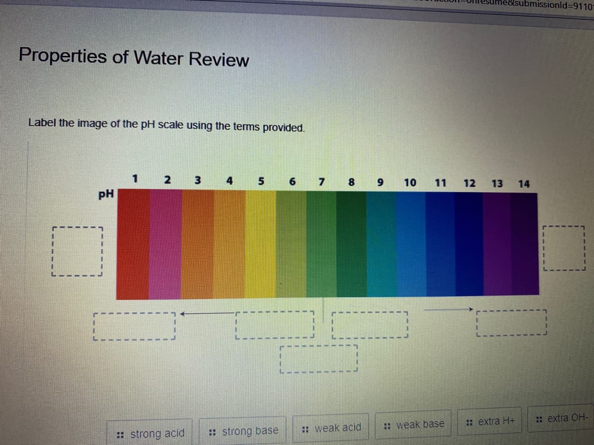 Properties of Water Review
Label the image of the pH scale using the terms provided.
PH
1
2 3 4 5
#strong acid
#strong base
6 7 8 9 10 11 12 13 14
:: weak acid
:: weak base
submissionid=9110-
:: extra H+
:: extra OH-
