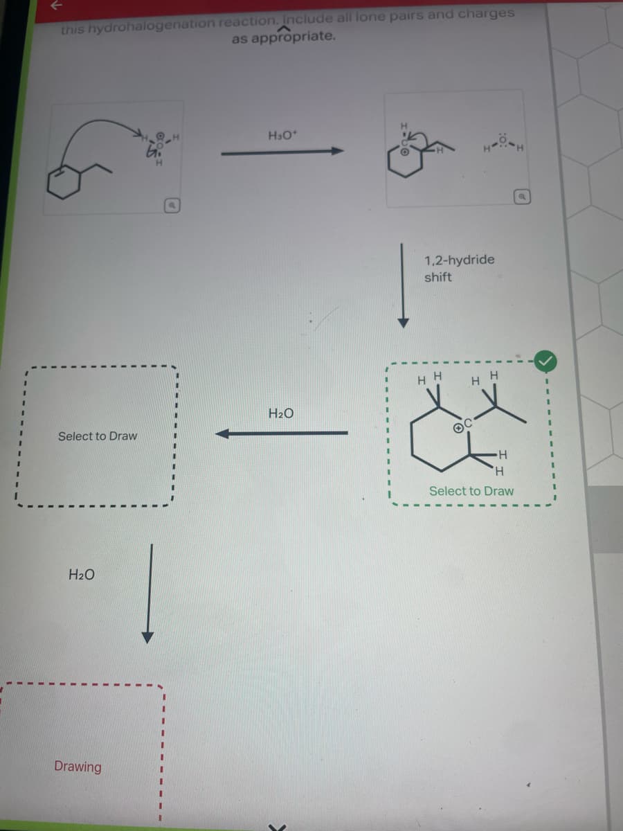 this hydrohalogenation reaction. Include all lone pairs and charges
as appropriate.
Select to Draw
H₂O
Drawing
H3O*
H₂O
1,2-hydride
shift
HH
H
H
H
H
Select to Draw
a