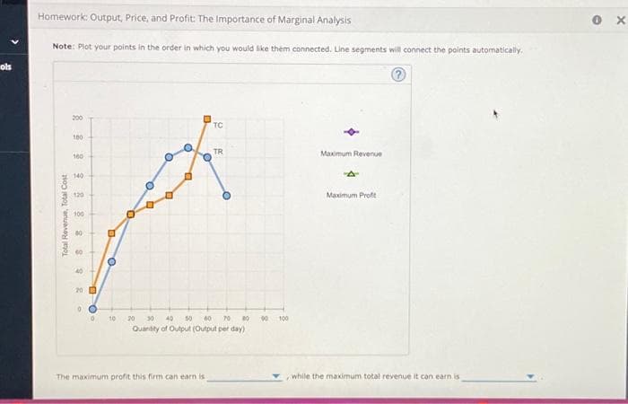 ols
Homework: Output, Price, and Profit: The Importance of Marginal Analysis
Note: Plot your points in the order in which you would like them connected. Line segments will connect the points automatically.
Total Revenue, Total Cost
200
100
160
140
120
100
229
40
20
0
00
D
O
n
O
0 10 20
D
D
TC
BO
30 40 50 60 70
Quantity of Output (Output per day)
The maximum profit this firm can earn is
TR
90
100
Maximum Revenue
A
Maximum Profit
while the maximum total revenue it can earn is
X