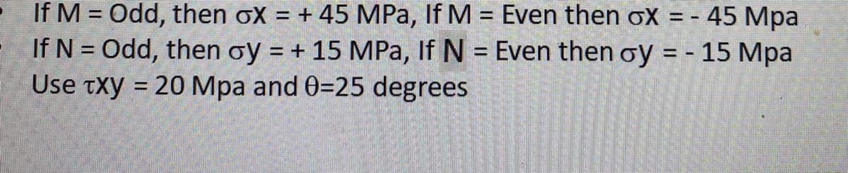 If M = Odd, then GX = + 45 MPa, If M = Even then oX = - 45 Mpa
If N = Odd, then oy = + 15 MPa, If N = Even then oy = - 15 Mpa
Use TXY = 20 Mpa and 0-25 degrees