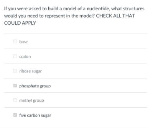 If you were asked to build a model of a nucleotide, what structures
would you need to represent in the model? CHECK ALL THAT
COULD APPLY
O base
O codon
O ribose sugar
phosphate group
O methyl group
five carbon sugar

