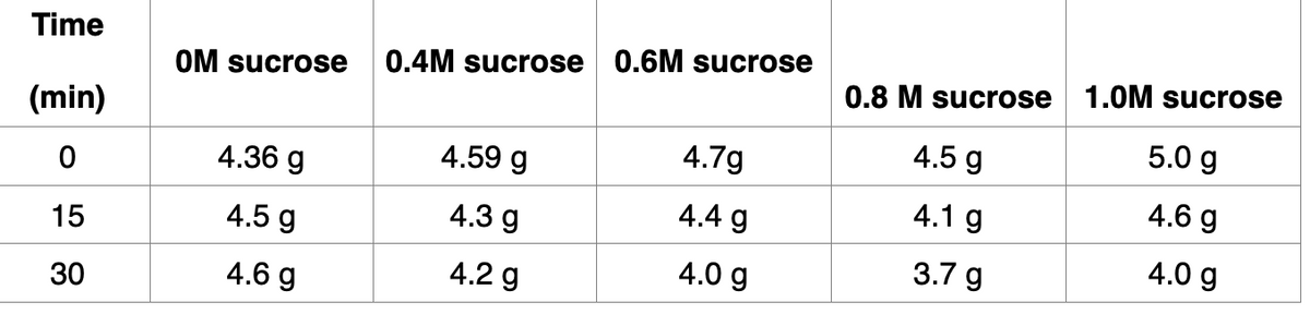 Time
1.0M sucrose
0.4M sucrose 0.6M sucrose
0.8 M sucrose
OM sucrose
(min)
4.5 g
5.0 g
4.7g
4.36 g
4.59 g
4.6 g
4.1 g
4.4 g
4.5 g
4.3 g
4.0 g
15
3.7 g
4.0 g
4.2 g
4.6 g
30
