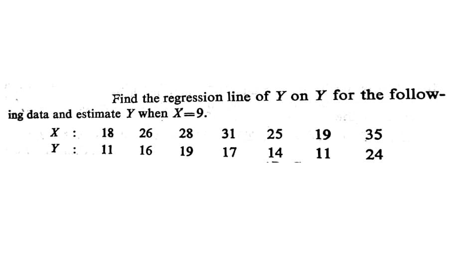 Find the regression line of Y on Y for the follow-
ing data and estimate Y when X=9.
X: :
18
26
28
31
25
19
35
Y
:
11
16
19
17
14
11
24
