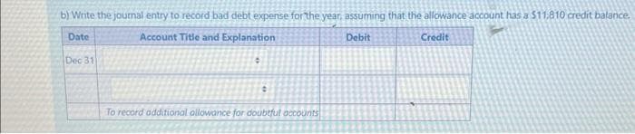 b) Write the journal entry to record bad debt expense for the year, assuming that the allowance account has a $11,810 credit balance.
Date
Account Title and Explanation
Debit
Credit
Dec 31
•
•
To record additional allowance for doubtful accounts