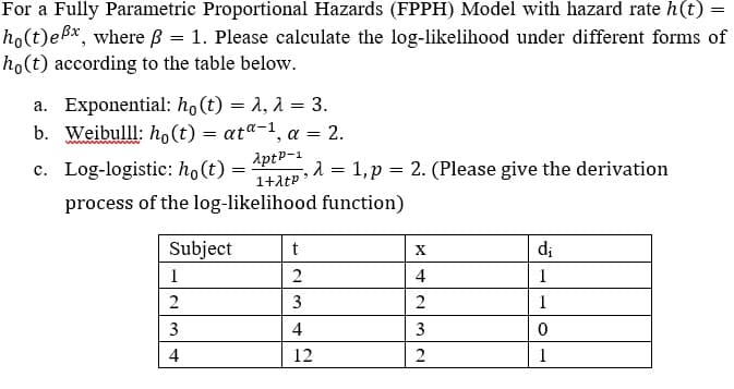 For a Fully Parametric Proportional Hazards (FPPH) Model with hazard rate h(t) =
ho(t)ex, where ß = 1. Please calculate the log-likelihood under different forms of
ho(t) according to the table below.
a. Exponential: ho(t) = 2, λ = 3.
b. Weibulll: ho(t) = ata-1, a = 2.
λptp-1
c. Log-logistic: ho(t) = -, λ =
1+λtp:
process of the log-likelihood function)
Subject
1
2
3
4
t
2
3
4
12
1, p = 2. (Please give the derivation
X
4
2
3
2
d₁
1
1
0
1