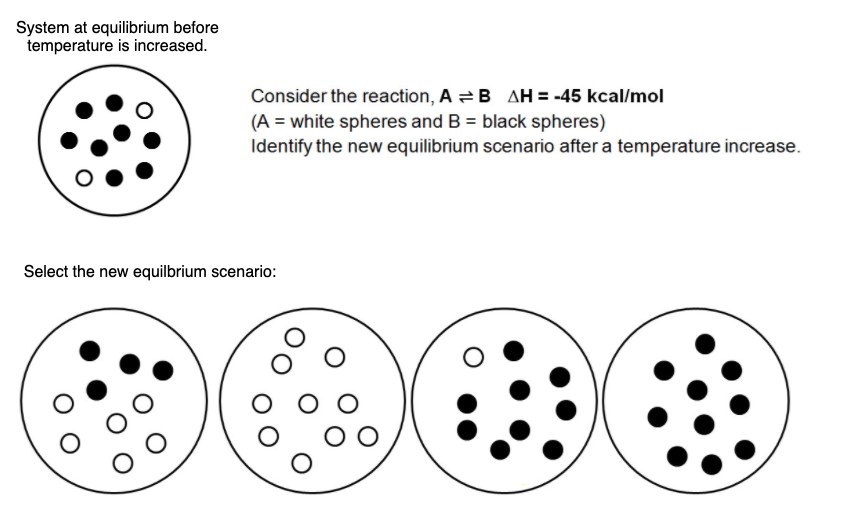 System at equilibrium before
temperature is increased.
Consider the reaction, A =B AH = -45 kcal/mol
(A = white spheres and B = black spheres)
Identify the new equilibrium scenario after a temperature increase.
Select the new equilbrium scenario:
