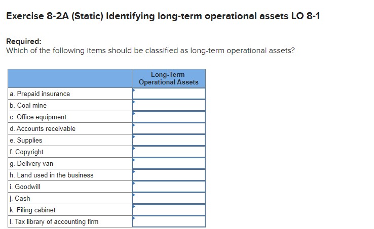 Exercise 8-2A (Static) Identifying long-term operational assets LO 8-1
Required:
Which of the following items should be classified as long-term operational assets?
a. Prepaid insurance
b. Coal mine
c. Office equipment
d. Accounts receivable
e. Supplies
f. Copyright
g. Delivery van
h. Land used in the business
i. Goodwill
j. Cash
k. Filing cabinet
I. Tax library of accounting firm
Long-Term
Operational Assets