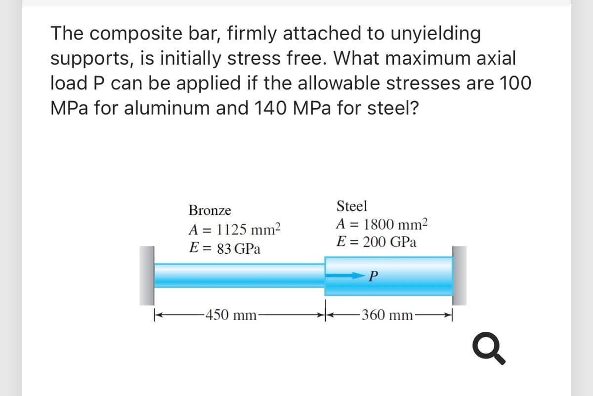 The composite bar, firmly attached to unyielding
supports, is initially stress free. What maximum axial
load P can be applied if the allowable stresses are 100
MPa for aluminum and 140 MPa for steel?
Bronze
Steel
A = 1800 mm²
A = 1125 mm?
E = 83 GPa
%3D
E = 200 GPa
%3D
P
-450 mm-
360 mm·
