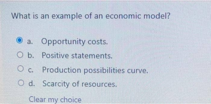 What is an example of an economic model?
a. Opportunity costs.
O b. Positive statements.
O c. Production possibilities curve.
O d. Scarcity of resources.
Clear my choice