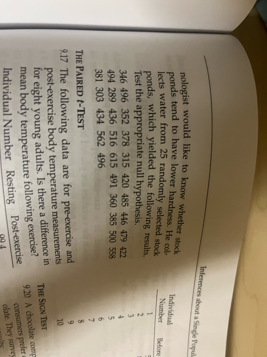 nologist would like to know whether stock
ponds tend to have lower hardness. He col-
lects water from 25 randomly selected stock
ponds, which yielded the following results.
Test the appropriate null hypothesis.
346 496 352 378 315 420 485 446 479 422
494 289 436 516 615 491 360 385 500 558
381 303 434 562 496
Inferences about a Single Popula
THE PAIRED t-TEST
9.17 The following data are for pre-exercise and
post-exercise body temperature measurements
for eight young adults. Is there a difference in
mean body temperature following exercise?
Individual Number Resting Post-exercise
Individual
Number
1
2
3
7
9
10
Before
THE SIGN TEST
9.20 A chocolate comp
consumers prefer
olate. They survey