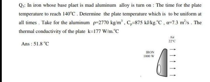 Qs: In iron whose base plaet is mad aluminum alloy is turn on : The time for the plate
temperature to reach 140°C. Determine the plate temperature which is to be uniform at
all times . Take for the aluminum p-2770 kg/m, C,-875 kJ/kg."C, o=7.3 m'/s. The
thermal conductivity of the plate k=177 W/m.°C
Air
22°C
Ans : 51.8 °C
IRON
1000 W
11t t t
