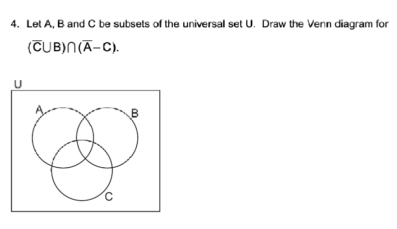 4. Let A, B and C be subsets of the universal set U. Draw the Venn diagram for
(CUB)N(Ā-C).
U
C
B