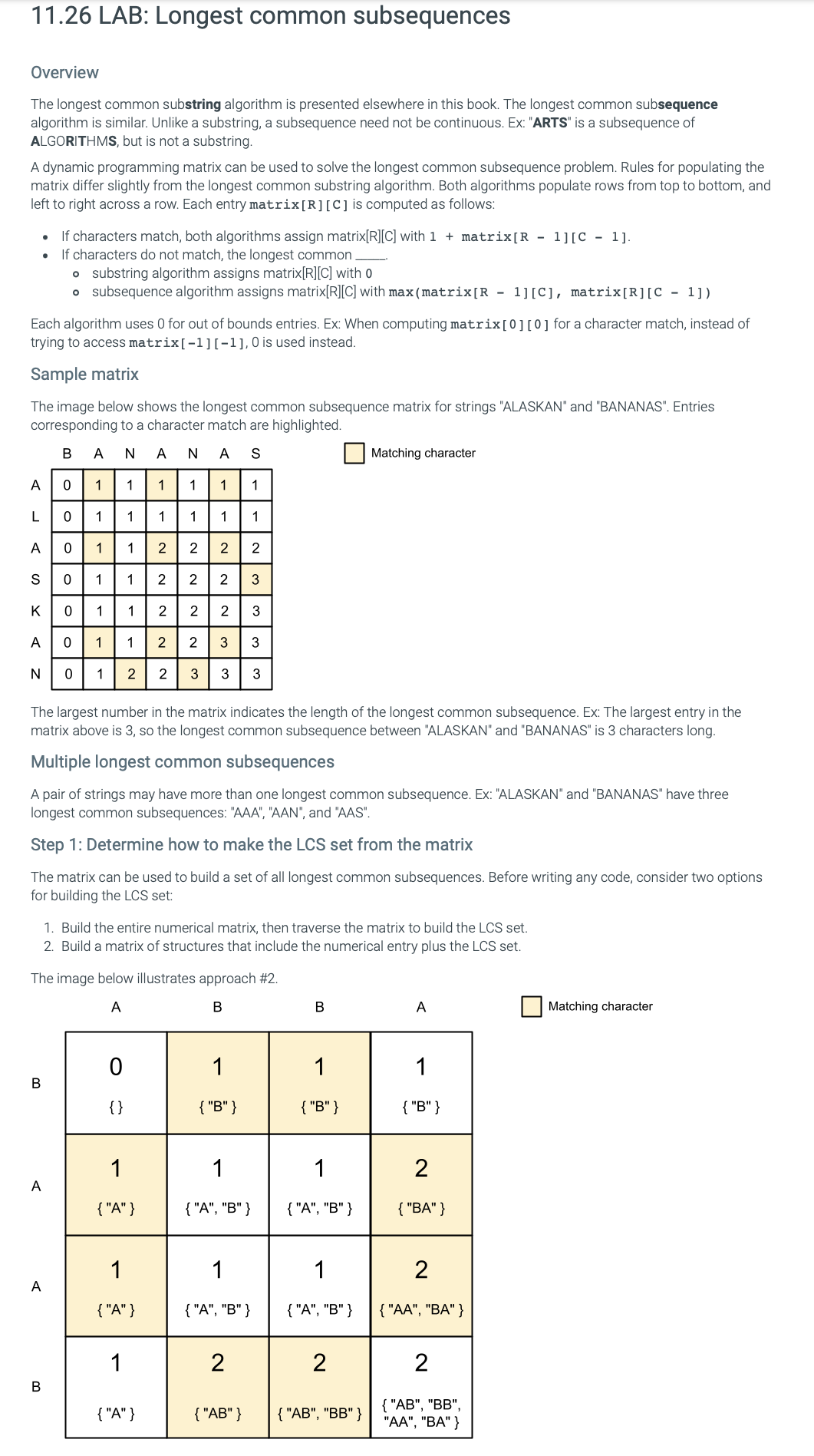 11.26 LAB: Longest common subsequences
Overview
The longest common substring algorithm is presented elsewhere in this book. The longest common subsequence
algorithm is similar. Unlike a substring, a subsequence need not be continuous. Ex: "ARTS" is a subsequence of
ALGORITHMS, but is not a substring.
A dynamic programming matrix can be used to solve the longest common subsequence problem. Rules for populating the
matrix differ slightly from the longest common substring algorithm. Both algorithms populate rows from top to bottom, and
left to right across a row. Each entry matrix [R][C] is computed as follows:
⋅
•
If characters match, both algorithms assign matrix[R][C] with 1 + matrix[R1] [C1].
If characters do not match, the longest common
。 substring algorithm assigns matrix[R][C] with o
⚫ subsequence algorithm assigns matrix[R][C] with max (matrix [R - 1] [C], matrix [R] [C-1])
Each algorithm uses 0 for out of bounds entries. Ex: When computing matrix[0][0] for a character match, instead of
trying to access matrix [-1] [-1], 0 is used instead.
Sample matrix
The image below shows the longest common subsequence matrix for strings "ALASKAN" and "BANANAS". Entries
corresponding to a character match are highlighted.
B A N A N A S
111111
011
1
1 1 2 2
1 1 1
--22233
2333
A
0
L
A
0
S
0 1 1 2 2
K
0 1 1
A
0 1
1
22
2
2
N 0 1 2 2
3
3
Matching character
The largest number in the matrix indicates the length of the longest common subsequence. Ex: The largest entry in the
matrix above is 3, so the longest common subsequence between "ALASKAN" and "BANANAS" is 3 characters long.
Multiple longest common subsequences
A pair of strings may have more than one longest common subsequence. Ex: "ALASKAN" and "BANANAS" have three
longest common subsequences: "AAA", "AAN", and "AAS".
Step 1: Determine how to make the LCS set from the matrix
The matrix can be used to build a set of all longest common subsequences. Before writing any code, consider two options
for building the LCS set:
1. Build the entire numerical matrix, then traverse the matrix to build the LCS set.
2. Build a matrix of structures that include the numerical entry plus the LCS set.
The image below illustrates approach #2.
A
B
B
A
0
1
1
1
B
{}
{"B" }
{"B" }
{"B" }
1
1
1
2
A
{"A"}
{ "A", "B" }
{ "A", "B" }
{"BA"}
1
1
1
2
A
{"A"}
{"A", "B" }
{"A", "B" }
{ "AA", "BA"}
1
2
2
2
B
{ "AB", "BB",
{"A"}
{ "AB"}
{"AB", "BB"}
"AA", "BA"}
Matching character