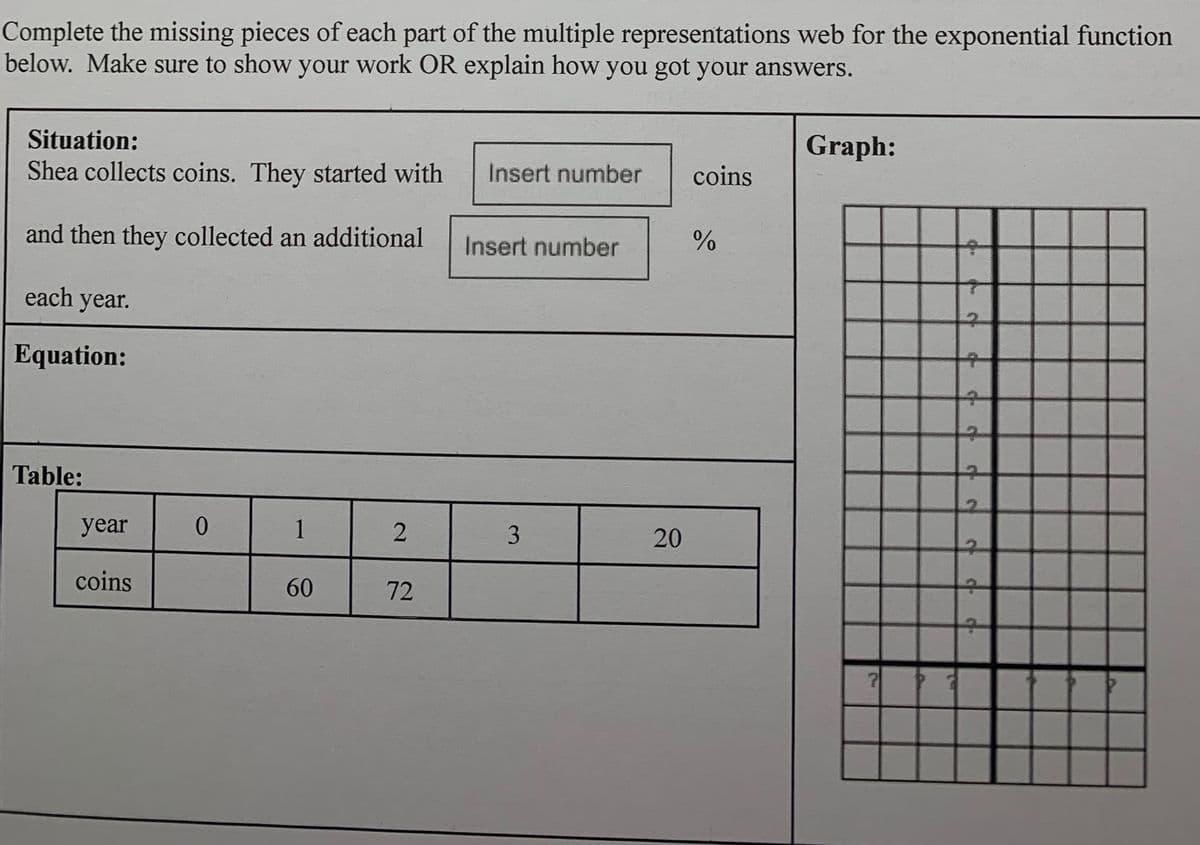 Complete the missing pieces of each part of the multiple representations web for the exponential function
below. Make sure to show your work OR explain how you got your answers.
Situation:
Graph:
Shea collects coins. They started with
Insert number
coins
and then they collected an additional
Insert number
each year.
Equation:
Table:
year
0.
1
20
coins
60
72
2.
