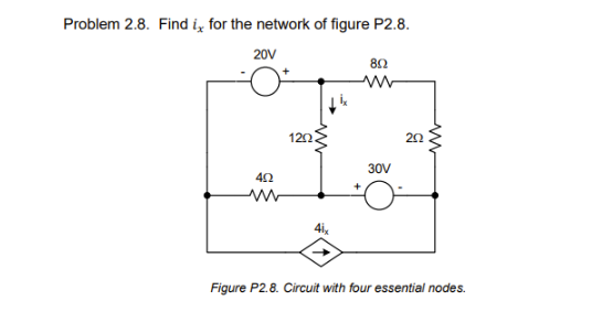 Problem 2.8. Find i, for the network of figure P2.8.
20V
402
ww
120.
Alx
802
30V
ww
202
Figure P2.8. Circuit with four essential nodes.