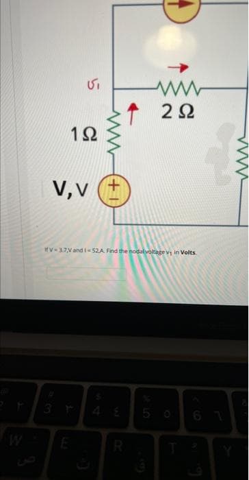 کا
1Ω
V, V
3r
+1
If V-3.7V and 1=52A. Find the nodal voltage v, in Volts.
ww
† 2Ω
R
50 6
