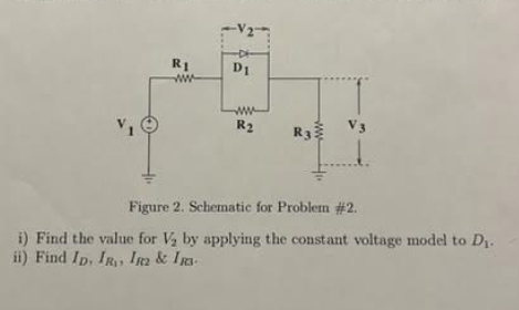 V₁
1
RI
ww
-V2-
D1
ww
R₂
R3
V3
Figure 2. Schematic for Problem #2.
i) Find the value for V₂ by applying the constant voltage model to D₁.
ii) Find ID, IR, IR & IR-
