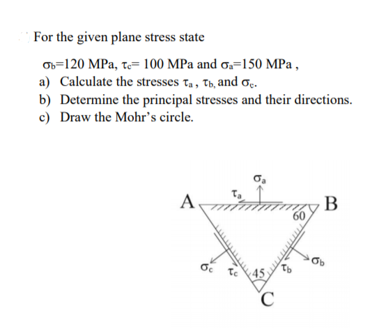 For the given plane stress state
Ob=120 MPa, te= 100 MPa and ơa=150 MPa ,
a) Calculate the stresses ta, Tb, and og.
b) Determine the principal stresses and their directions.
c) Draw the Mohr's circle.
A
В
60
