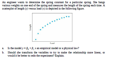An engineer wants to determine the spring constant for a particular spring. She hangs
various weights on one end of the spring and measures the length of the spring each time. A
scatterplot of length (y) versus load (x) is depicted in the following figure.
Inad
a Is the model y = P, +B, x an empirical model or a physical law?
b.
Should she transform the variables to try to make the relationship more linear, or
would it be better to redo the experiment? Explain.
