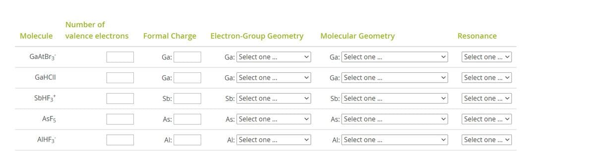 Number of
Molecule
valence electrons
Formal Charge
Electron-Group Geometry
Molecular Geometry
Resonance
GaAtBr3
Ga:
Ga: Select one ...
Ga: Select one ...
Select one... v
GAHCII
Ga:
Ga: Select one ...
Ga: Select one ...
Select one ... v
SÜHF3*
Sb:
Sb: Select one ...
Sb: Select one ...
Select one ...
ASF5
As:
As: Select one...
As: Select one ...
Select one...
AIHF3
Al:
Al: Select one ...
Al: Select one ...
Select one ...
>
>
>
