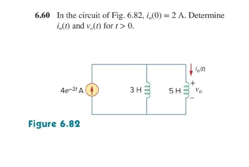 6.60 In the circuit of Fig. 6.82, i,(0) = 2 A. Determine
i(t) and v(t) for t> 0.
io(t)
+
4e-2t A
3 H
5H
Vo
Figure 6.82
