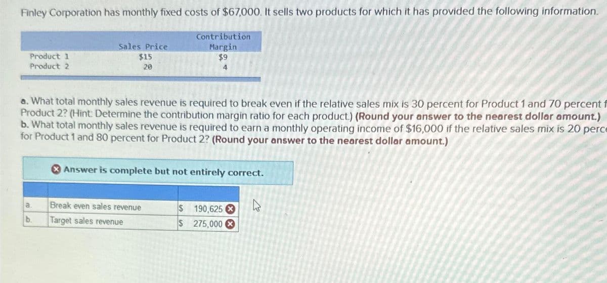 Finley Corporation has monthly fixed costs of $67,000. It sells two products for which it has provided the following information.
Contribution
Sales Price
Product 1
Product 2
$15
20
Margin
$9
4
a. What total monthly sales revenue is required to break even if the relative sales mix is 30 percent for Product 1 and 70 percent
Product 2? (Hint: Determine the contribution margin ratio for each product.) (Round your answer to the nearest dollar amount.)
b. What total monthly sales revenue is required to earn a monthly operating income of $16,000 if the relative sales mix is 20 perce
for Product 1 and 80 percent for Product 2? (Round your answer to the nearest dollar amount.)
Answer is complete but not entirely correct.
a.
Break even sales revenue
$ 190,625
b.
Target sales revenue
$275,000
B