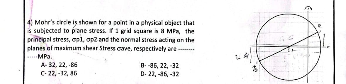 4) Mohr's circle is shown for a point in a physical object that
is subjected to plane stress. If 1 grid square is 8 MPa, the
principal stress, op1, op2 and the normal stress acting on the
planes of maximum shear Stress oave, respectively are --------
---MPa.
A-32, 22, -86
C-22, -32, 86
B--86, 22, -32
D-22, -86, -32
24
NO
2
y
(T
