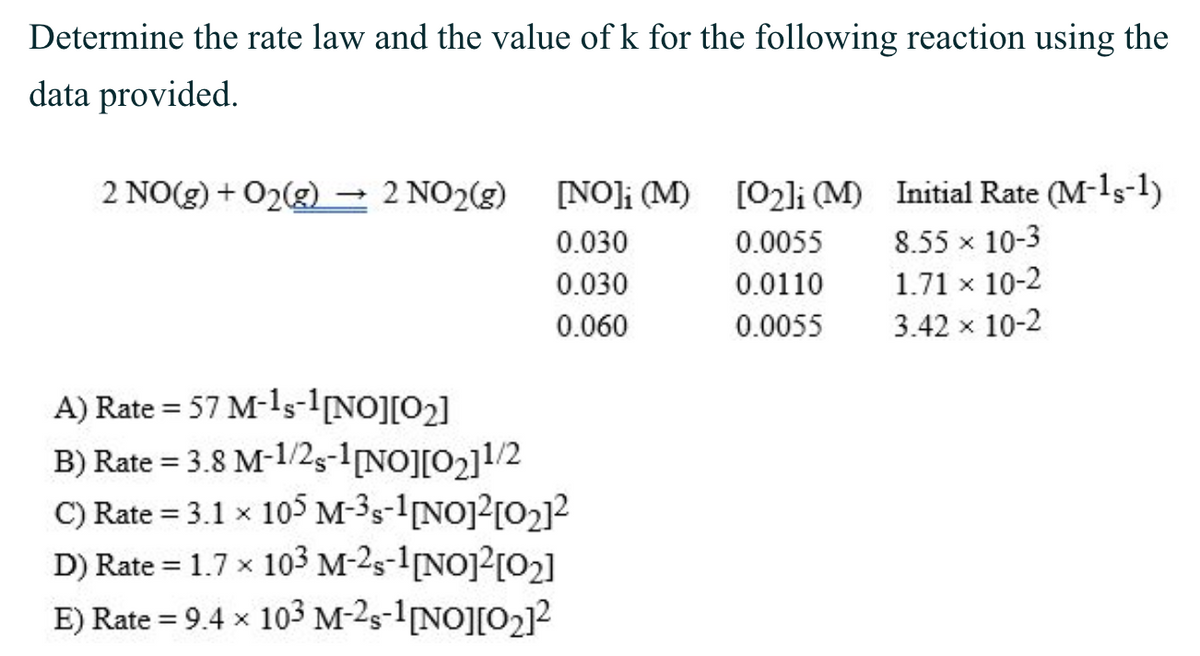 Determine the rate law and the value of k for the following reaction using the
data provided.
2 NO(g) + O2(g) → 2 NO₂(g) [NO]i (M) [0₂]i (M)
0.030
0.030
0.060
A) Rate = 57 M-1s-1 [NO][0₂]
B) Rate = 3.8 M-1/2-1[NO][0₂]¹/2
C) Rate = 3.1 x 105 M-³s-1 [NO]²[0₂]²
D) Rate = 1.7 × 103 M-2s-1 [NO]²[0₂]
E) Rate = 9.4 × 103 M-²s-1 [NO][0₂]²
0.0055
0.0110
0.0055
Initial Rate (M-1,-1)
8.55 × 10-3
1.71 × 10-2
3.42 × 10-2