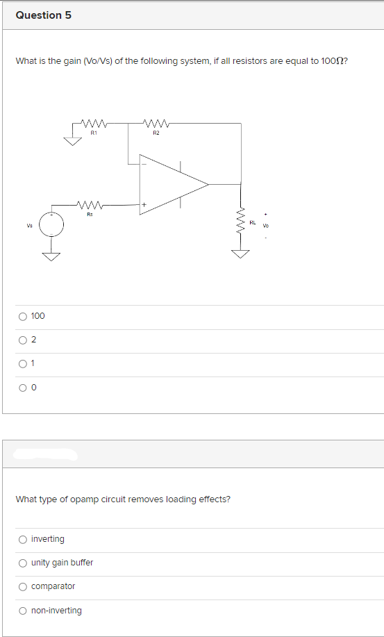 Question 5
What is the gain (Vo/Vs) of the following system, if all resistors are equal to 1000?
100
1
www
R1
ww
Rs
What type of opamp circuit removes loading effects?
inverting
unity gain buffer
comparator
R2
non-inverting
www
RL