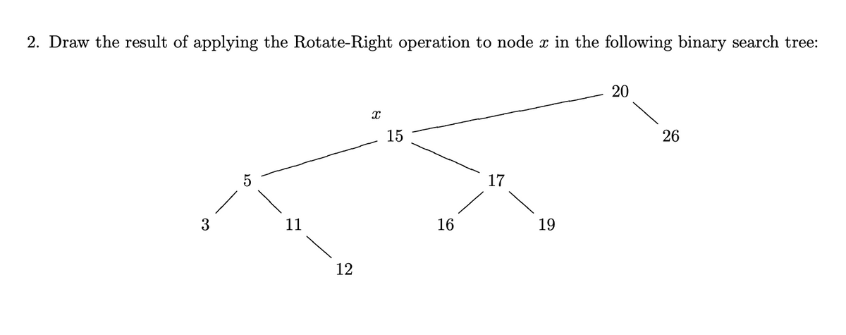 2. Draw the result of applying the Rotate-Right operation to node x in the following binary search tree:
3
11
12
X
15
16
17
19
20
26